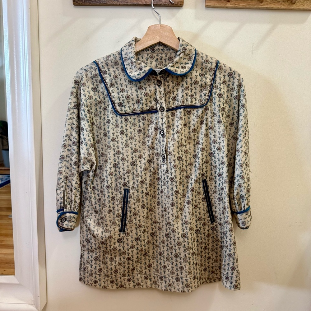 Zara Beige Floral Shirt/dress with Blue Trim.  Size 8